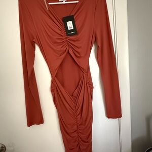 Fashion Nova Rust Long Sleeve Ruched Dress